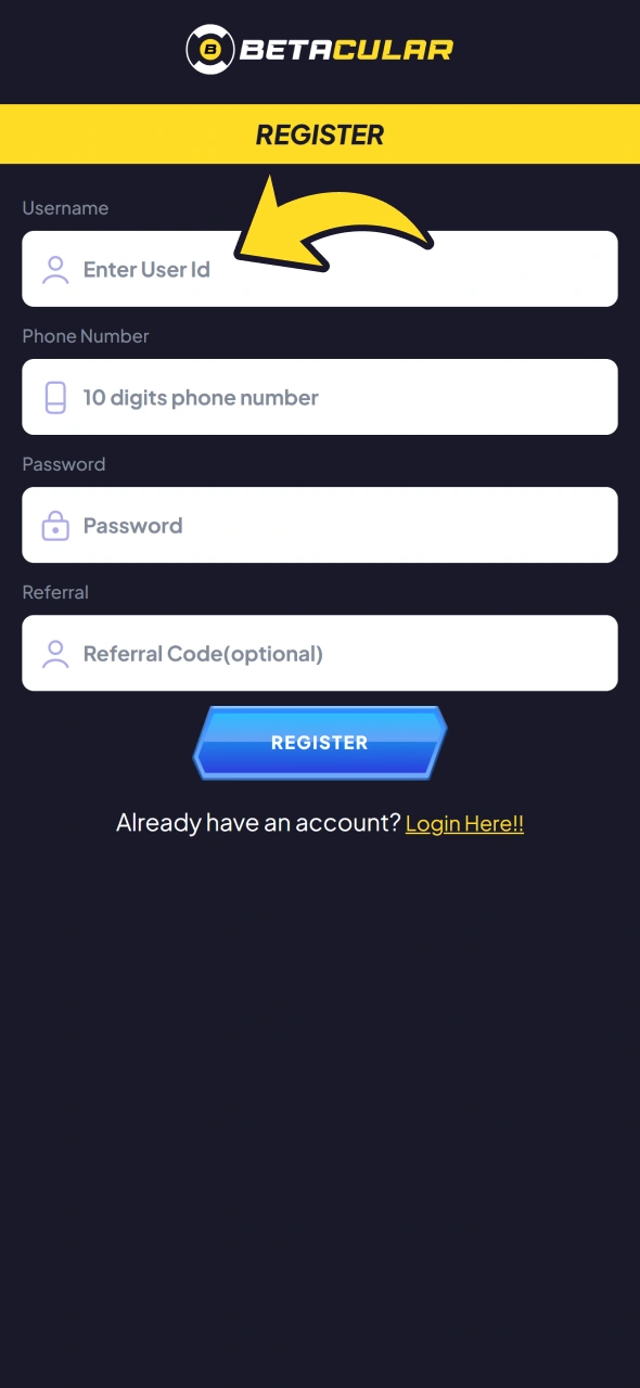 Type in your details to register at Betacular.