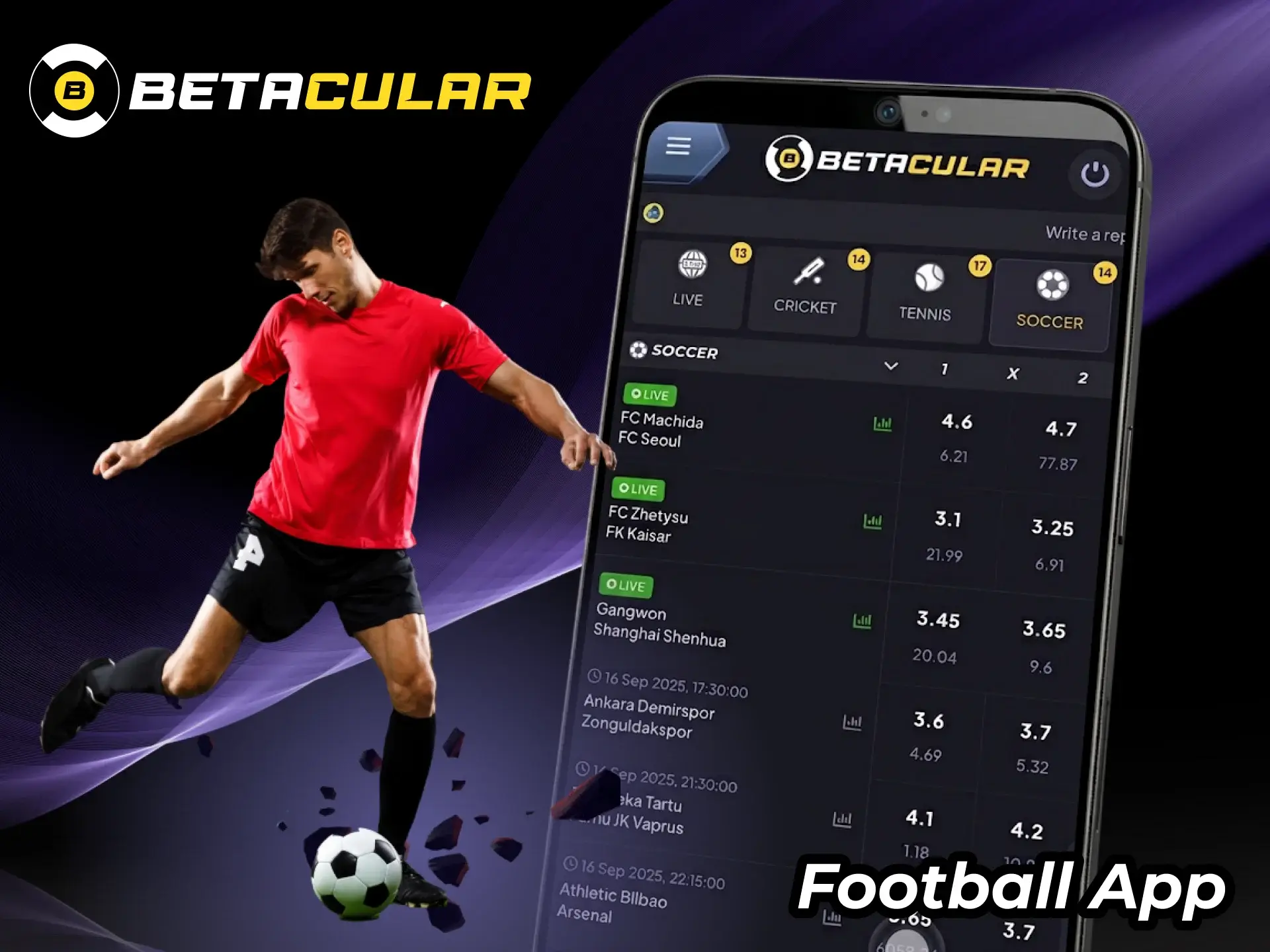 Bet on football matches on go with Betacular app.